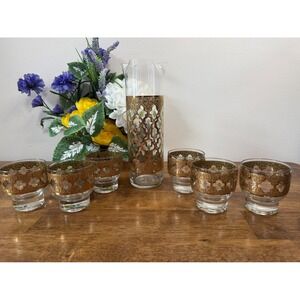 Vintage Culver Valencia Cocktail Pitcher Glasses 22k Gold Green Diamond Barware